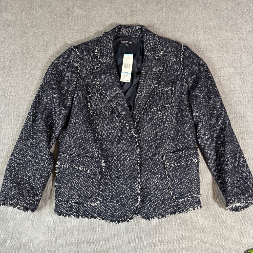 Jones New York Woman Navy White Tweed Fringe Trim Blazer Jacket 20W New 10344102